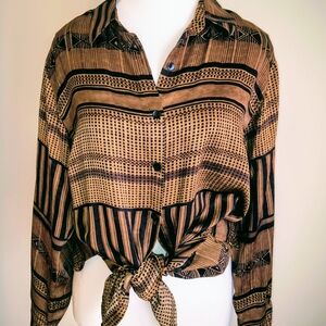 Chico's Design Silk Bronzey Extra Long Tunic Size Medium Button Up Long Sleeve